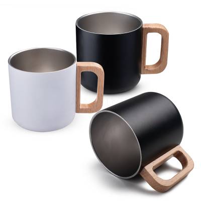 Caneca térmica com alça em madeira