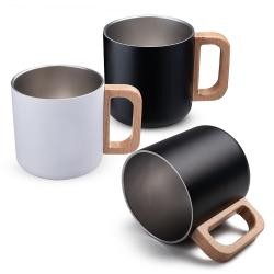 Caneca térmica com alça em madeira