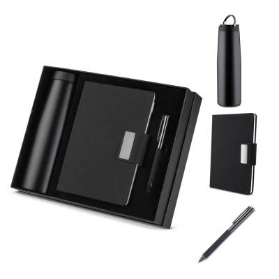 Kit escritório Caderno, Garrafa e Caneta Metalica